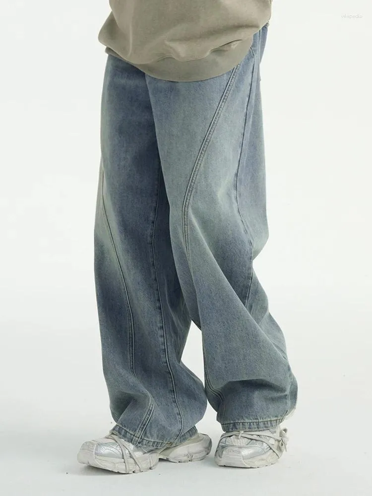 Jeans masculinos em linha reta longo azul moda solta casual versátil primavera outono americano retro lavado algodão costura