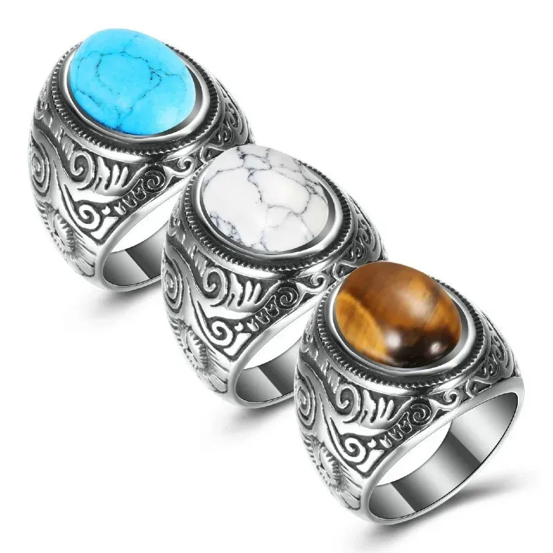 HNSP Natuursteen 316L Rvs Ring Voor Mannen Vrouwen Vintage Sieraden Tijgerogen Zwarte Ringen Vinger Accessoire 240307