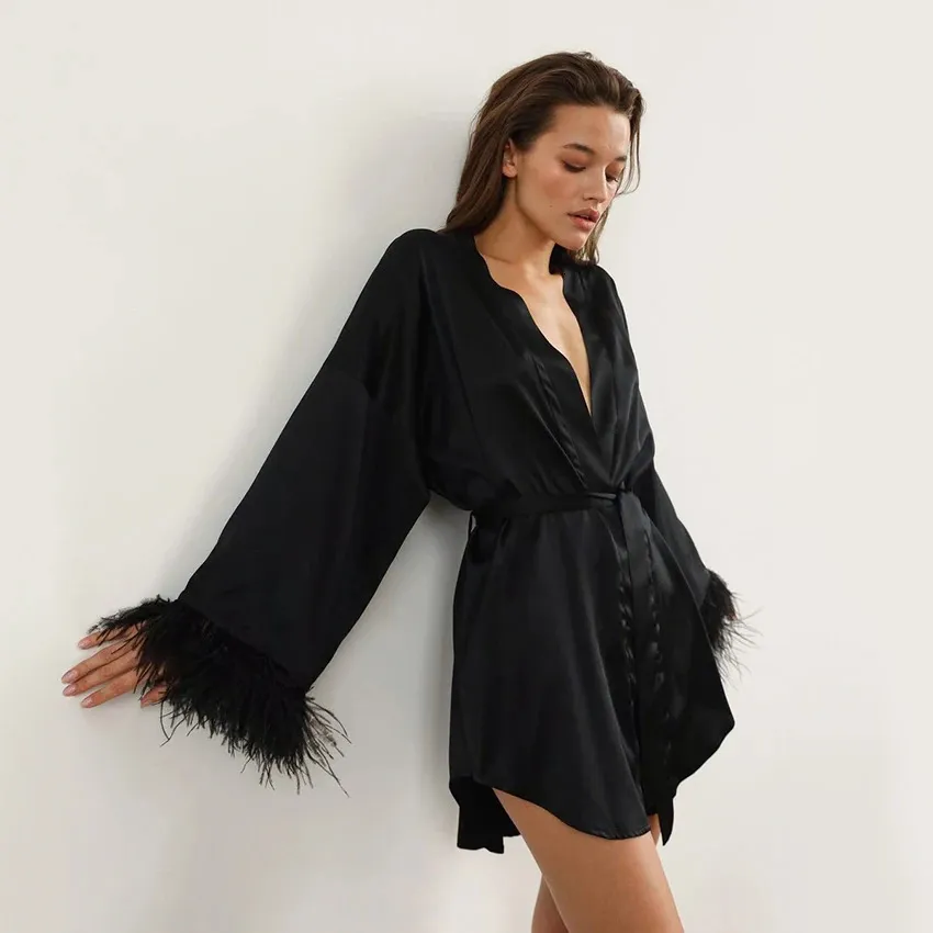 Hiloc Feather Bathrobes Satin Sexy Mini Dress Long Sleeve Loose Peignoirs For Women Robe White Wedding Dress Black Bride Dresses 240227