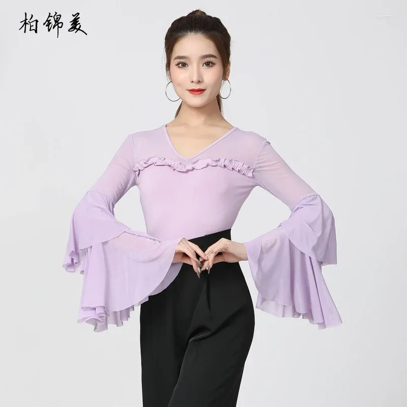 Scen Wear Latin Dance Top Women's Modern Conneined Lotus Leaf Trumpet Långärmad nationell standardpraxis Body Performa