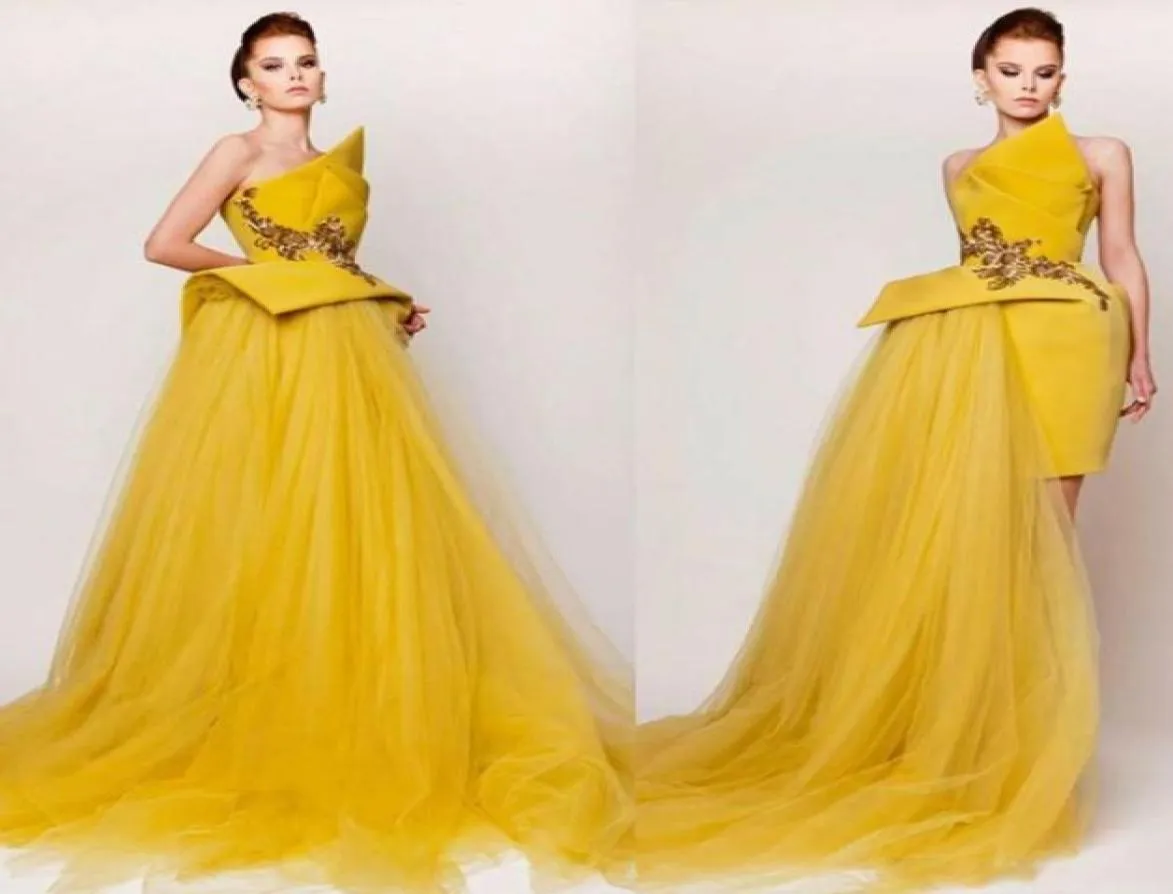 Robes de bal sans bretelles jaunes 2019 robe spéciale haute basse en tulle satin perlé robes de soirée sexy fermeture éclair robe de soirée appliquée7454413