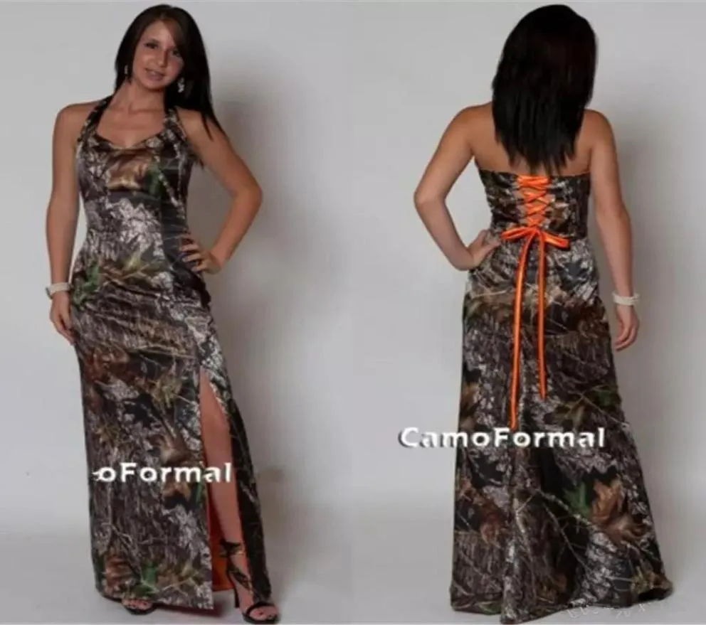 Plus Size Country Prom Dresses Camo Bridesmaid Dresses Split Side Laceup Back Camouflage Print Long Floor Length5686350