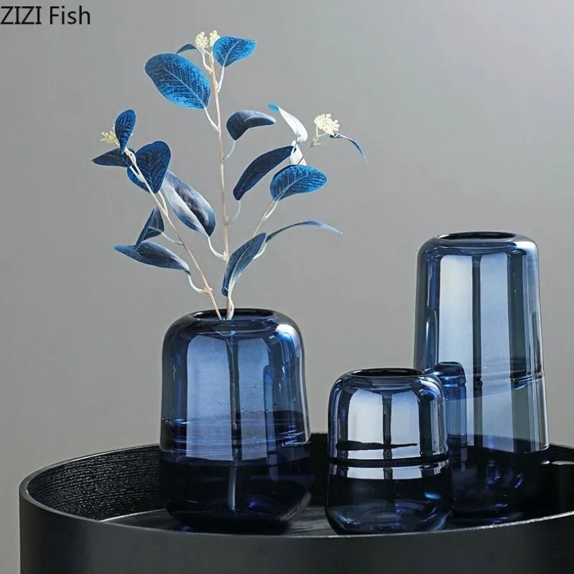 Vases Simplicity Blue Glass Vase Desktop Decor Hydroponics Transparent Flower Pots Decorative Modern Home Decoration281e