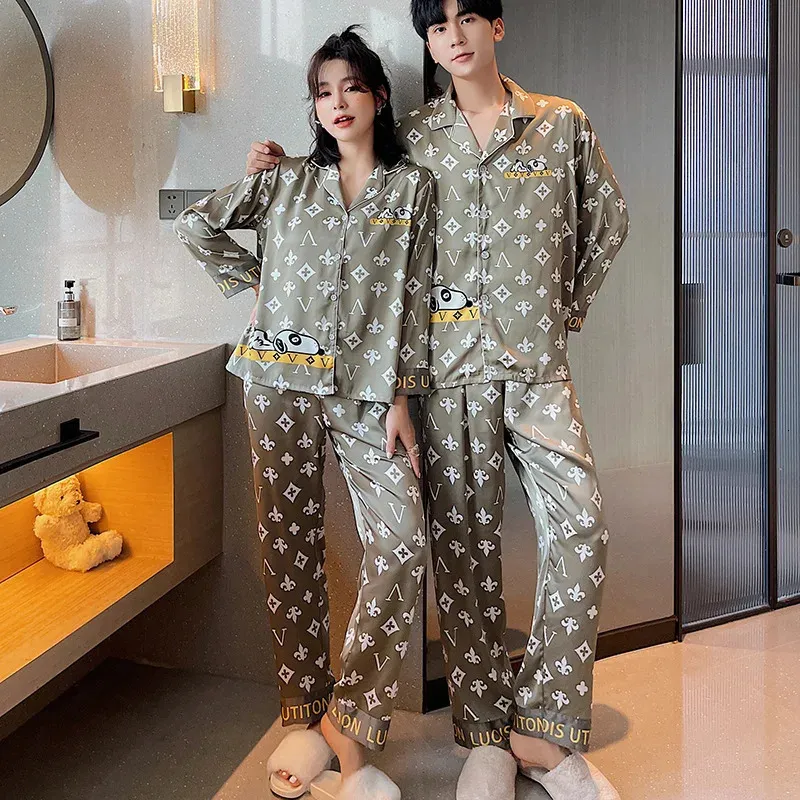 Pyjama de luxe léger pour Couples, ameublement de maison, manches longues, rayonne fine, devant ouvert, dessin animé coréen, vêtements d'extérieur, grande taille, 240226