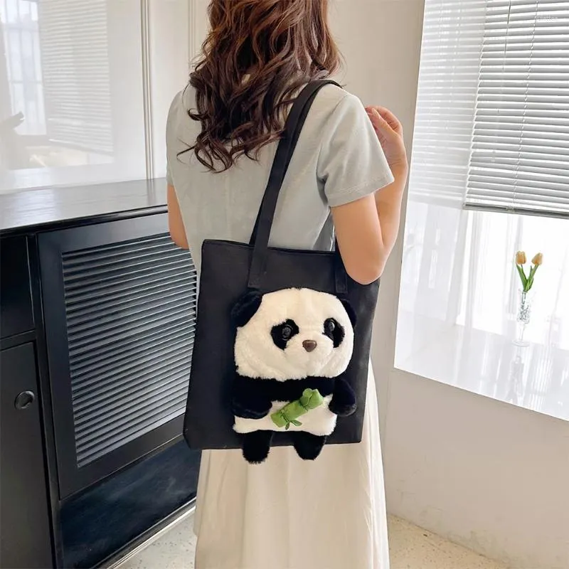 Akşam çantaları kadınlar gündelik paket tuval yaratıcı seyahat çantası büyük kapasite fermuar kapanma ile peluş panda basit kadın kızlar çanta
