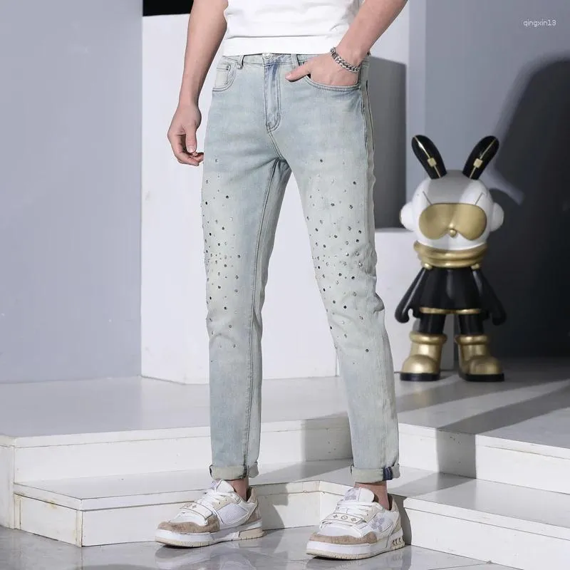 Men's Jeans 2024 Summer Thin Fashion Rhinestone Design Stretch Slim Fit Skinny Casual Brand Light Blue Pants