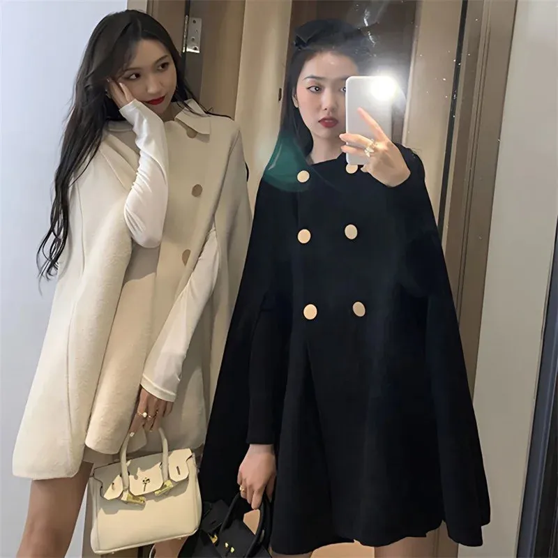 Mode Woolen Poncho Coats for Women Autumn Winter Solid Cape Cloak Coat Loose Overcoat Female Double Breasted Lapel Jackets 240309