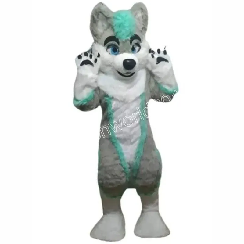 2024 Halloween Green Grey Fursuit Husky Mascot Costume Fancy Dress Karnawał Kreskówkowy Temat Fancy Dress for Men Women Festival Dress