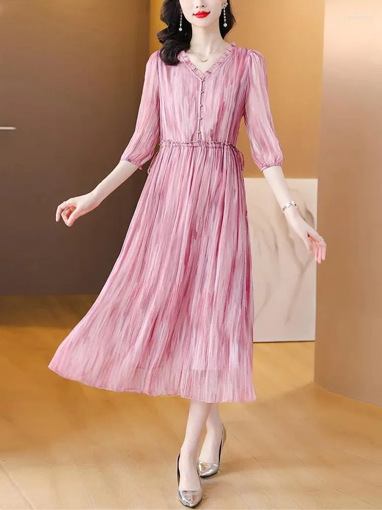 Feestjurken Zomer Vrouwen Casual Midi Roze Chiffon Jurk 2024 V-hals Elegantes Boho Verstoorde Koreaanse Mode Avond Vintage