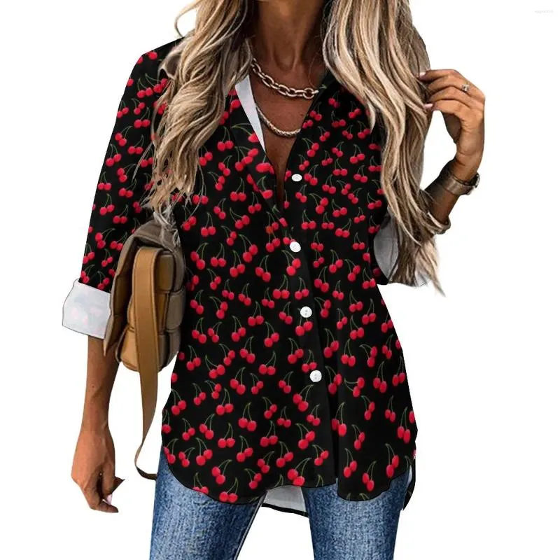 Blusas femininas cerejas jubileu blusa feminina frutas vermelhas impressão rua moda solta outono manga longa camisa legal roupas personalizadas