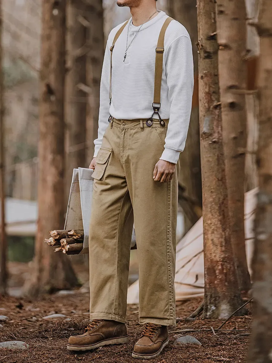 Men's Suspender Pants Lightweight Corduroy Capris with Zipper Fly