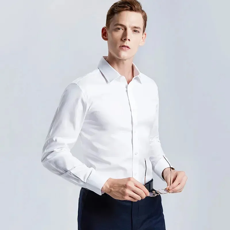 Mens White Shirt Långärmad icke-järn Business Professional Work Collared Clothing Casual Suit Button Tops Plus Size S-5XL 240306