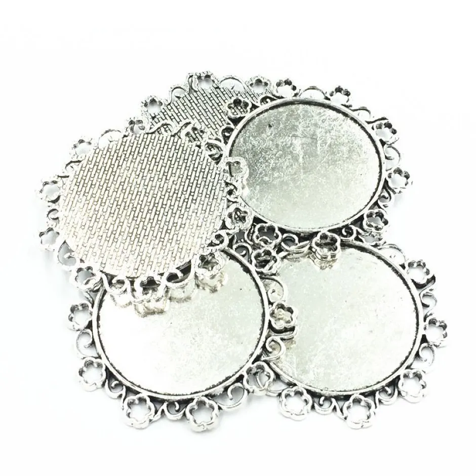 5 pièces collier pendentif ton argent fleur dentelle métal Seing bijoux Cabochon camée plateau de Base lunette vierge ajustement 34mm Cabochons 49mm226j