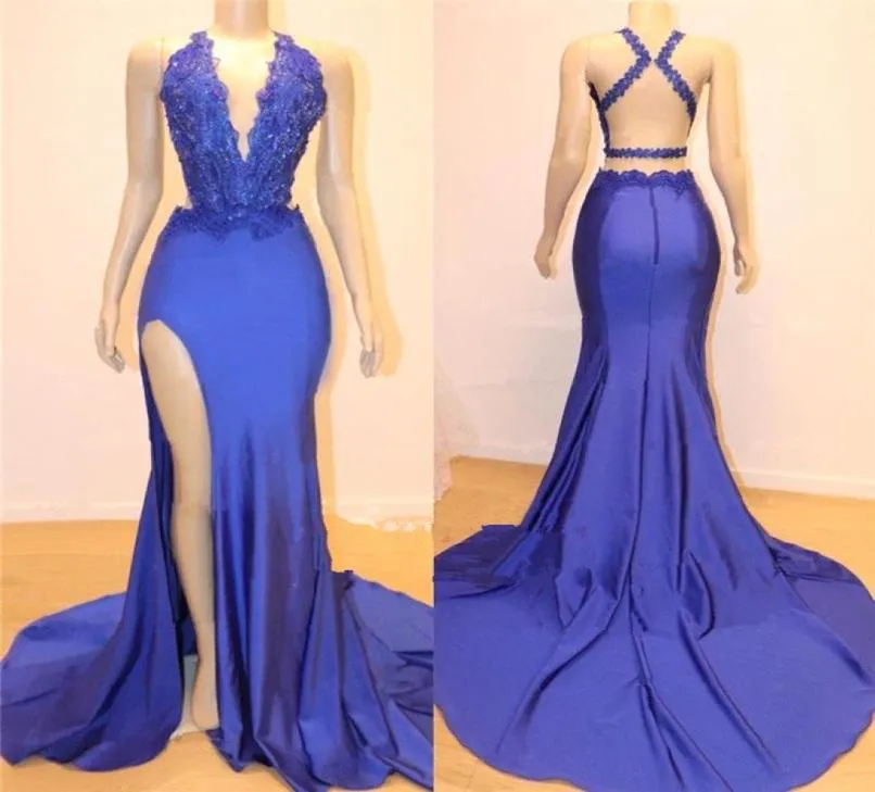 Granatowa syrena długa sukienki na studniówek v cekiny aplikacji szyi dzielone suknie wieczorowe Criss Cross Backless Formal Party Sukienka BC11538989608