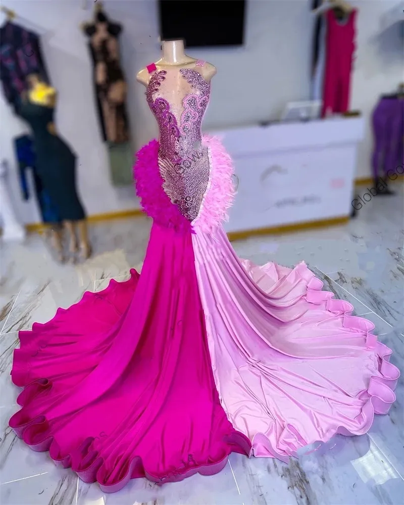 Pink Two Glitte Colors Sheer O Neck Long Prom Dress For Black Girls 2024 Beaded Crystal Tassel Birthday Party Dresses Mermaid Feathers Es Es es