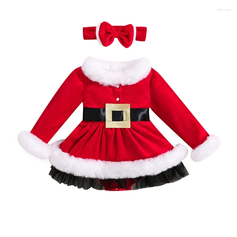 Juegos de ropa Pudcoco Infant Baby Girls 2 PPCS NAVIDAD Ejuicios de Navidad Vestido de adornos de adornos de piel con banda de diadema Nacido 0-24m