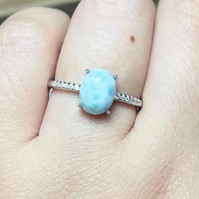 Cluster Rings 1ring 925 Sterling Silver Natural Larimar Adjustable Ring For Women Gift Stone Size Approx7 9mm