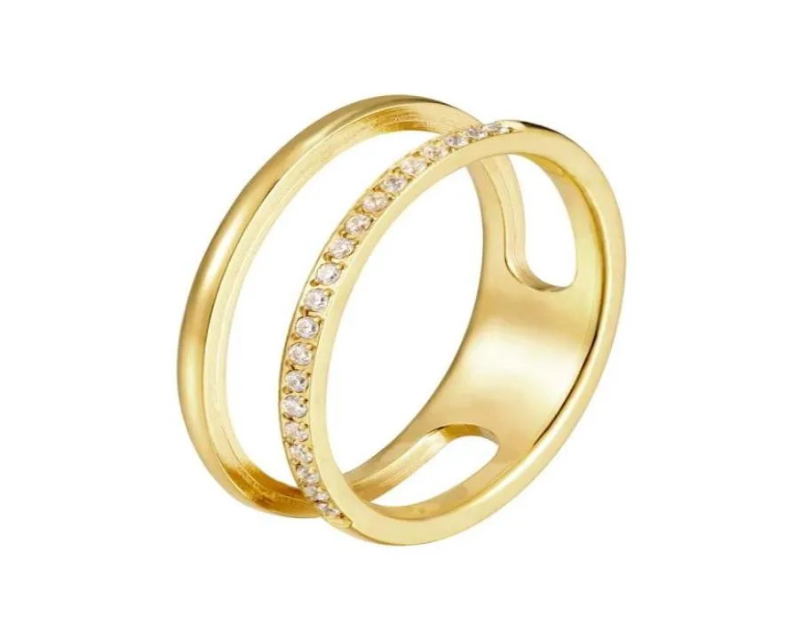 Wedding Rings Beautiful Hollow Double Layer Inlaid 21 Zircon Ring For Women Love Gift Stainless Steel Gold Jewelry Drop7681162