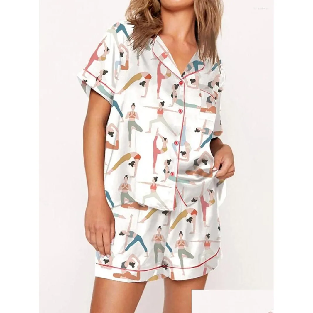 Womens Sleepwear Women S Cetin Pijama Conjunto de lapela Button Botão para baixo de manga curta Tops de cintura elástica 2 peças Droga de salão OT6is