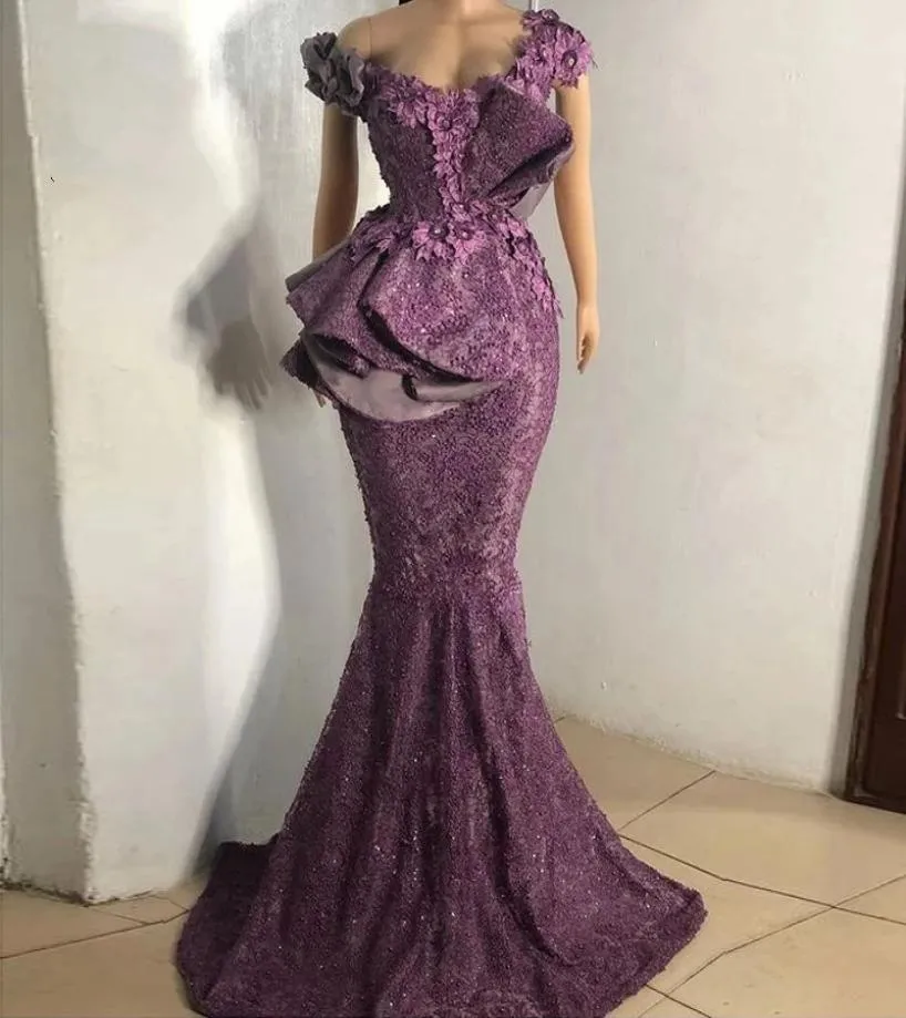 2022 Aso Ebi Violet Sirène Robes De Soirée Encolure En Dentelle Perlée À Volants Plus La Taille Femmes Africaines Robes De Bal Raisin Formelle Party2515816