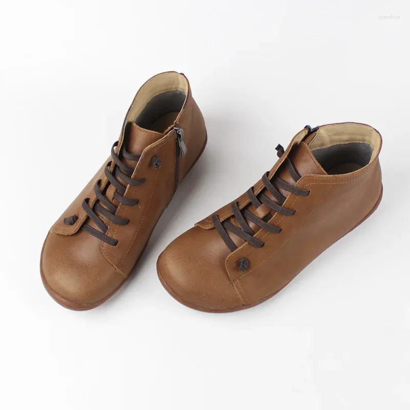 Boots Vintage Leather Women's Ankle Brown Riding Casual Cowhide Shoes