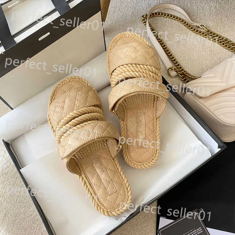 Slippers Brand Designer Womens Sandals 2023 Flat Heeled Lotton Summer Straw Shoes High Quality Casual Beach Sandals 10A I Box Storlek 35-41 Läder i Box 10A