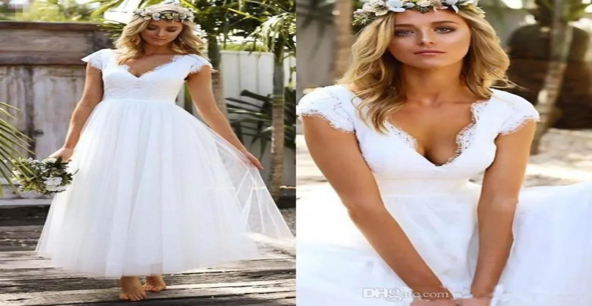 New Vintage 1950s039 Tea Length Short Wedding Dresses Lace Tulle Modest Cap Sleeve Vneck Bohemian Beach Garden Bridal Gowns ve1469936