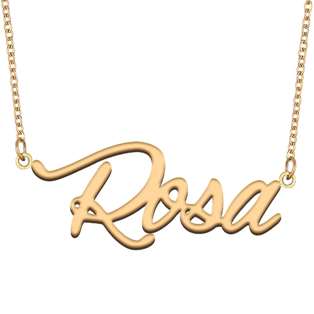 Rosa namn halsband anpassad typskylt hänge för kvinnor flickor födelsedag gåva barn bästa vänner smycken 18k guld pläterat rostfritt stål