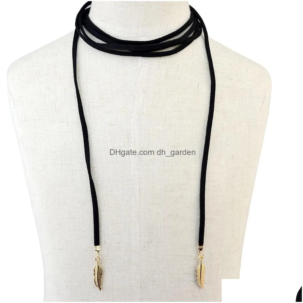 Sautoirs Gothique Mode Simple Noir Longue Chaîne En Cuir Double Feuille Pendentif Collier Collier Drop Livraison Bijoux Colliers Pe Dhgarden Dhbof