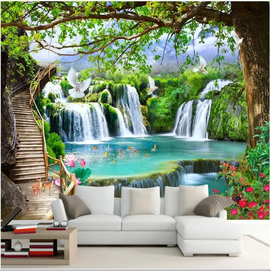 3d wallpaper custom po mural Simple green tree forest waterfall landscape home decor 3d wall murals wallpaper for walls 3 d liv252G