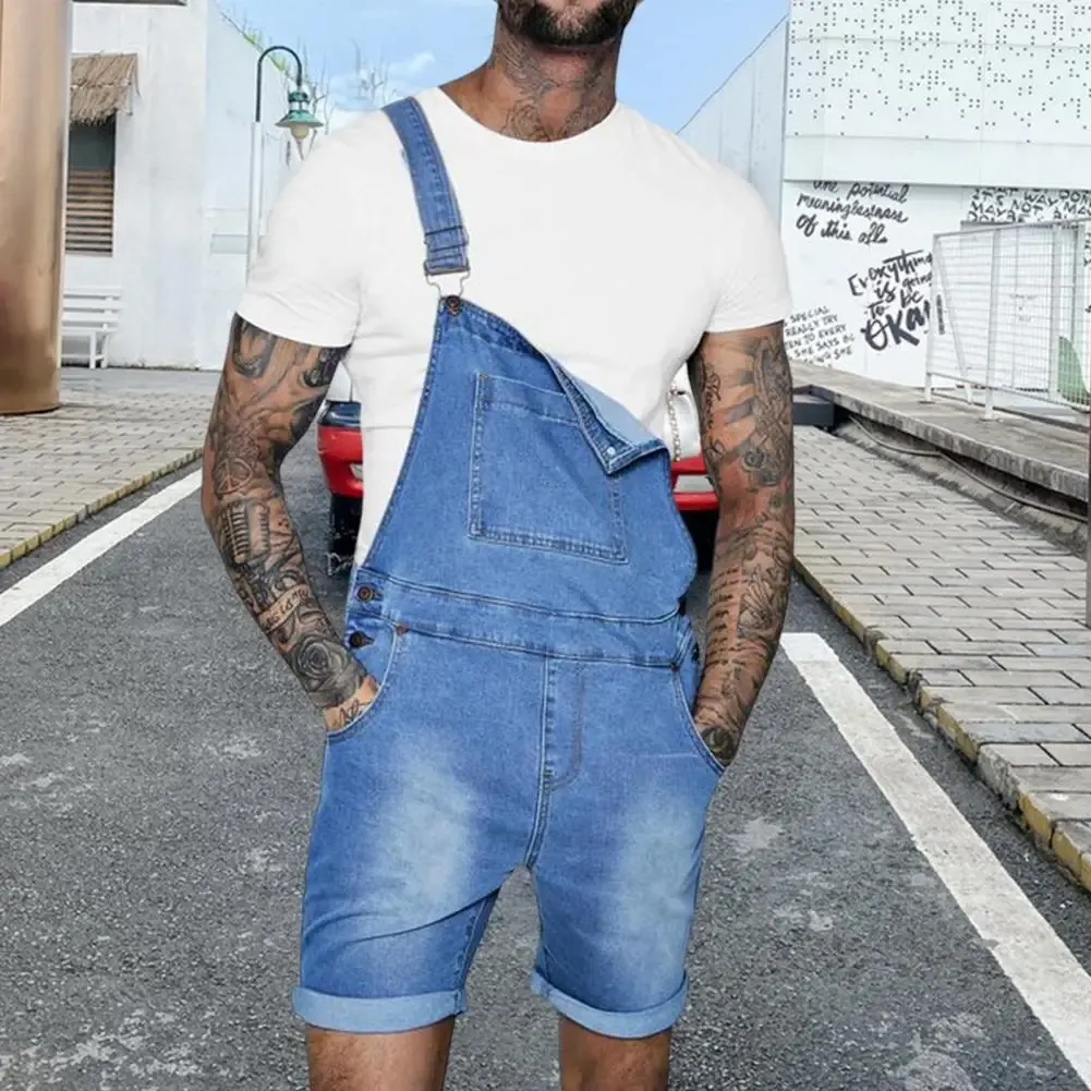 Men's Denim Jumpsuit Shoulder Straps Multi Pockets Bib Overalls Jumpsuits Moto Biker Jeans Rolled Edges Vintage Casual