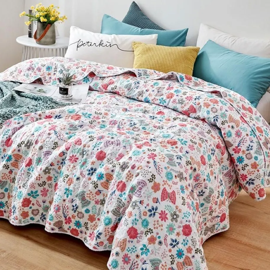 Comforters sätter blommor tryckt bomulls quiltad sängkläder lapptäcke Summer quilt filt säng täckning vinterark 150 200cm3168