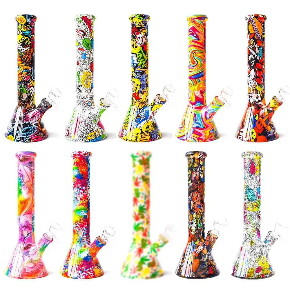 Printing Glass Bong hookah glass water pipes beaker recycler 10 inch bongs dab rig oil burner ash catcher bubbler 14mm bowl