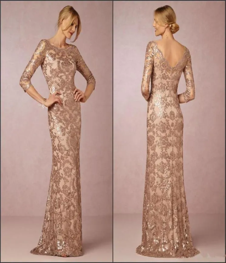 2020 Long Sleeve Rose Gold Mother of the Bride Dresses Bateau Neck Vintage Lace Sweep Train Formal Evening Party Wear custom made5453680