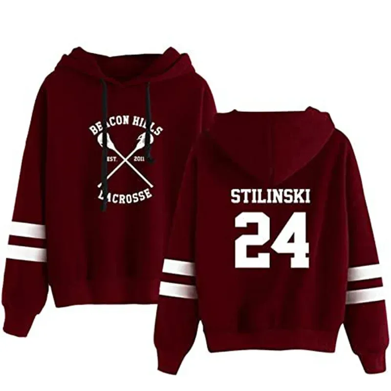 Sweatshirts nieuwe tiener wolf hoodie mannen stilinski 24 baken heuvels lacrosse pullover sweatshirt mannelijke print rode heren hoodies hiphop streetwear