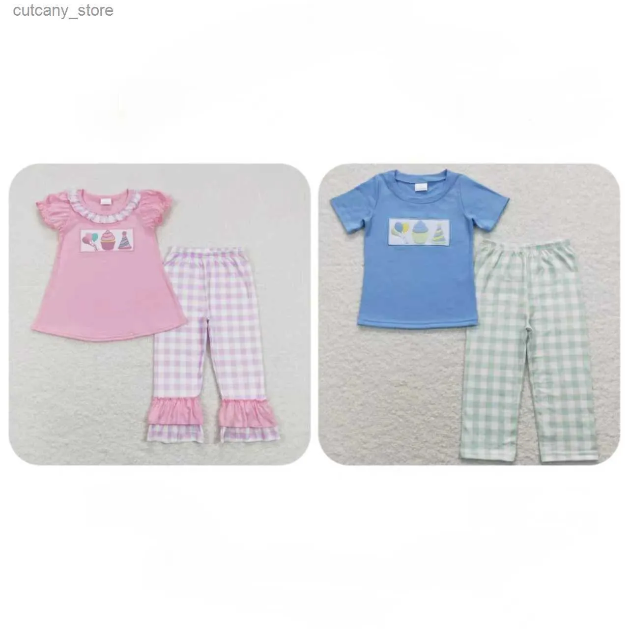 T-shirts Infant Kids Birthday Sleepwear Outfit Toddler Short Sleeves Embroidery Shirt Tops Children Plaid Pants Baby Boy Girl Set Pajamas L240312