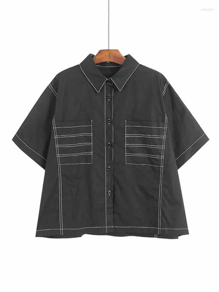 Blouses Femmes Femmes Ligne Poche Contraste Chemise Simple Boutonnage Lâche Causal Blouse À Manches Courtes Top 2024 Marée D'été Blusas Coréens Y356