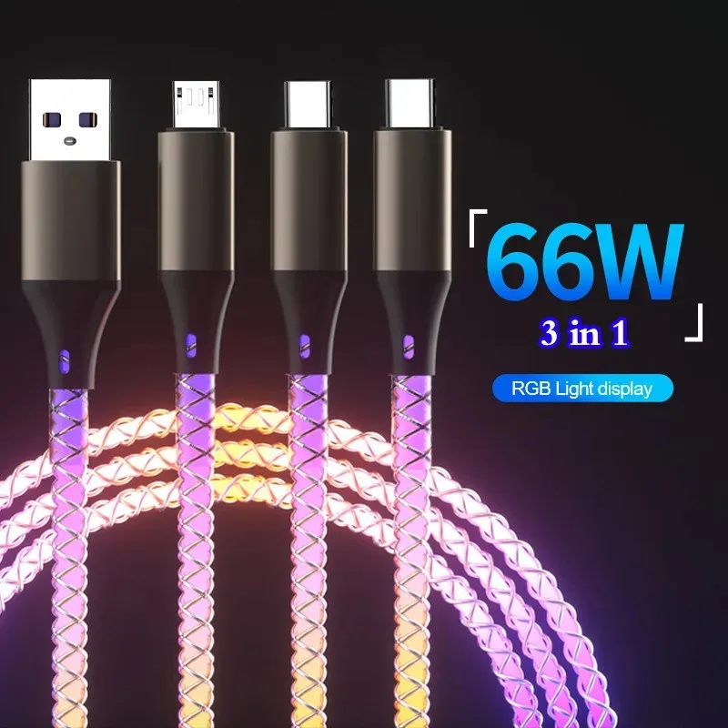 66W 3 In 1 RGB Light Fast Charging Type C Cable 6A Micro USB C Lighting Quick Charger Cable Phone Cord For Xiaomi Samsung S24 LG Huawei
