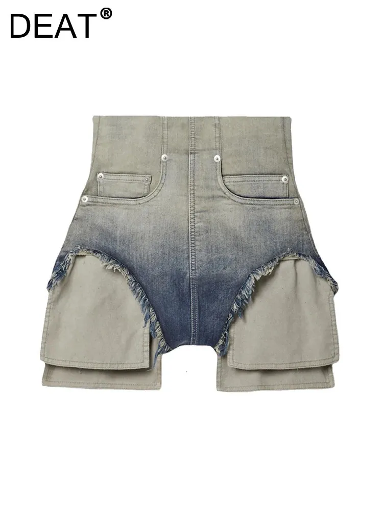 DEAT Denim shorts voor dames, patchwork zak, hoge taille, gradiënt, braamrand, ritssluiting aan de achterkant, korte jeans, 2024, lentemode 17A6662 240304