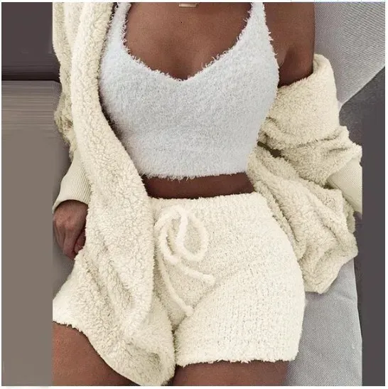 Pluizig driedelig setje Lounge sexy 3-delig setje dames trui gebreide set tanktop en broek casual homewear outfits thuis pak 240229