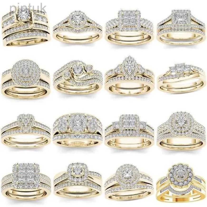 Ringen Trouwringen 2 stuks Bruidsset Elegant Kristal Verlovingsring Luxe Goud Kleur Ronde Zirkoon Vrouwen Boho Sieraden ldd240311