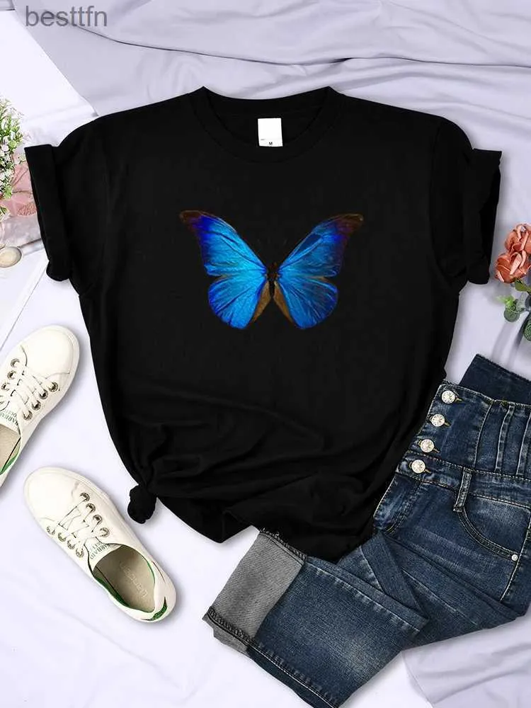 Mulheres T-shirt Azul Borboleta Rua Moda Camiseta Mulheres Moda Solta Marca Camiseta Verão Streetwear Tops Casual Oversize Roupas Femininas 240311