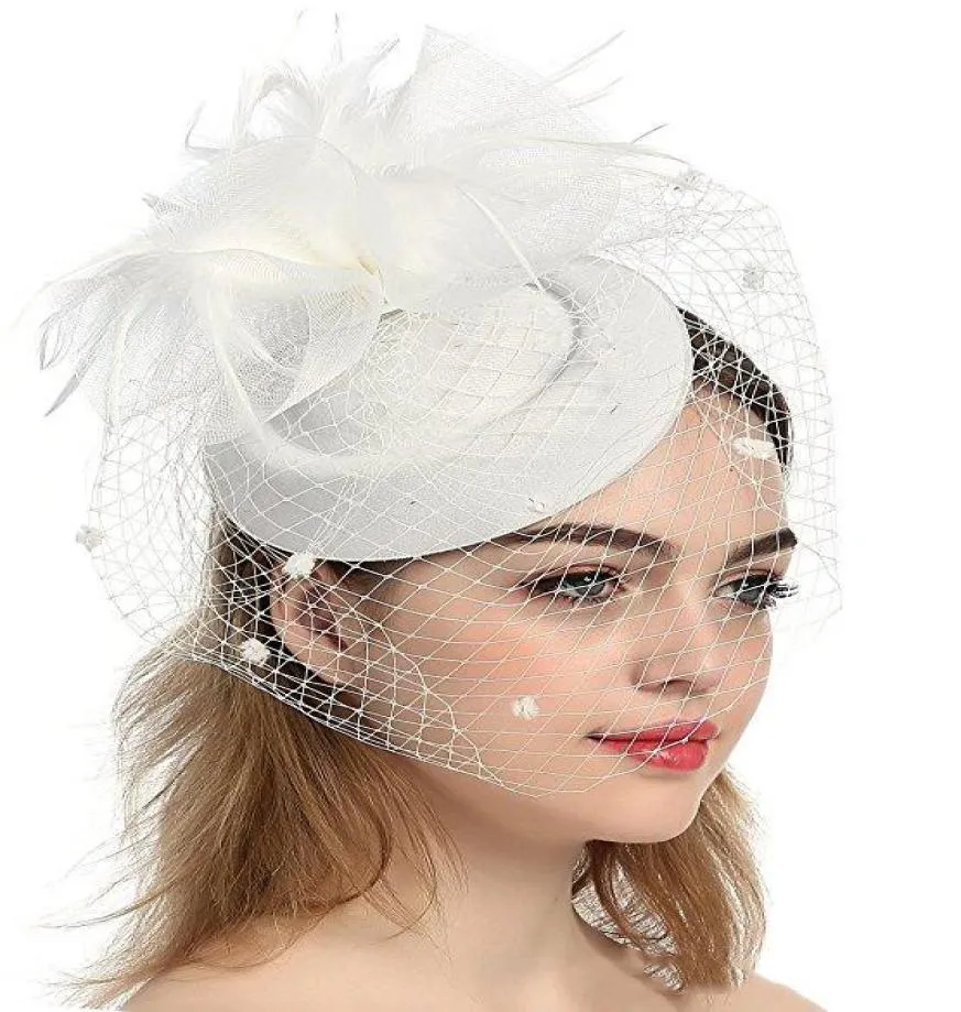 2019 Vackra vit fascinator sinamany hattar för bröllop brudkyrka med blommor netto spets eoupean kentucky derby hattar brud3727835