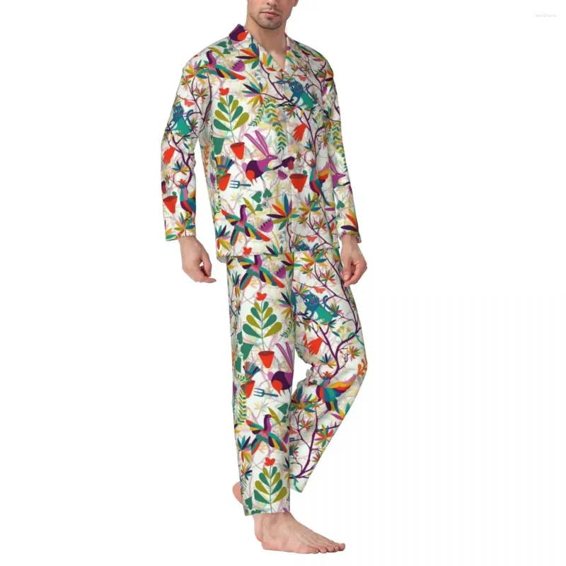 Men's Sleepwear Colorful Leaves Print Autumn Gardeners Friends Casual Oversize Pajama Sets Man Long Sleeve Cute Night Custom Home Suit