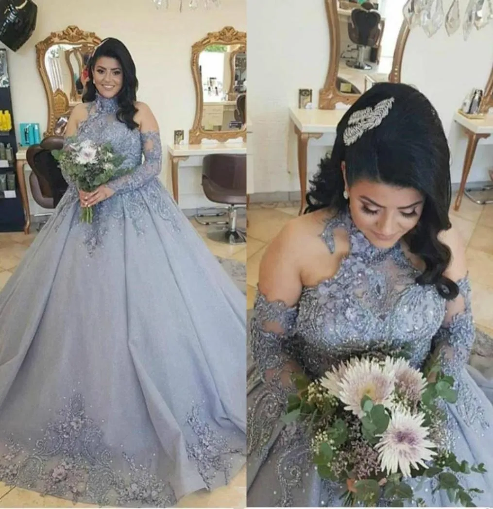 Plus Size Silver Princess Wedding Dresses Bridal Dress 2022 High Neck Lace Beaded Sweep Train Long Sleeve Arabic Church Wedding Go6281617