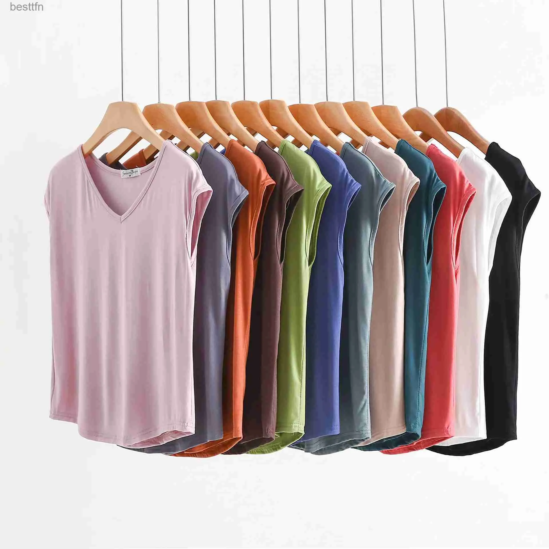 Women's T-Shirt Summer Modal Tshirts Sleless V-neck women Casual Loose Tank Tops solid color Bottoming Tee tops all match 240311