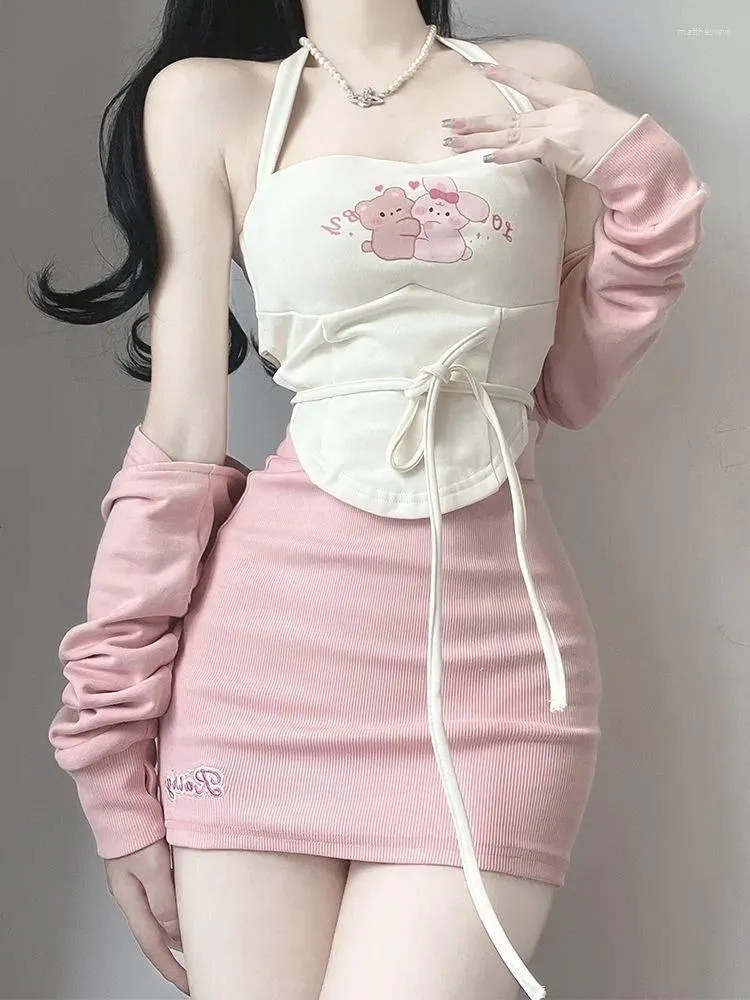 Werk Jurken Roze Koreaanse Stijl Driedelige Set Vrouwen Bodycon Elegante Sexy Party Mini Rok Pak 2024 Y2k Gebreide Jas Kawaii Lolita Camis Tops