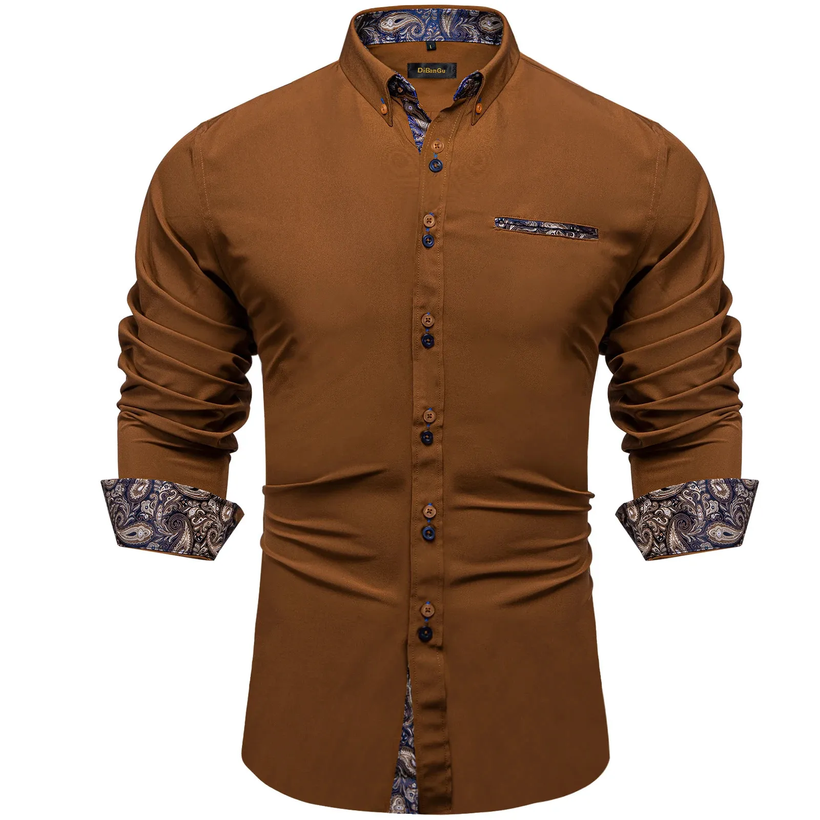 Erkekler için kahverengi katı sıradan gömlekler mavi paisley renk kontrast moda elbise gömlek lüks tasarımcı erkek giyim 240301