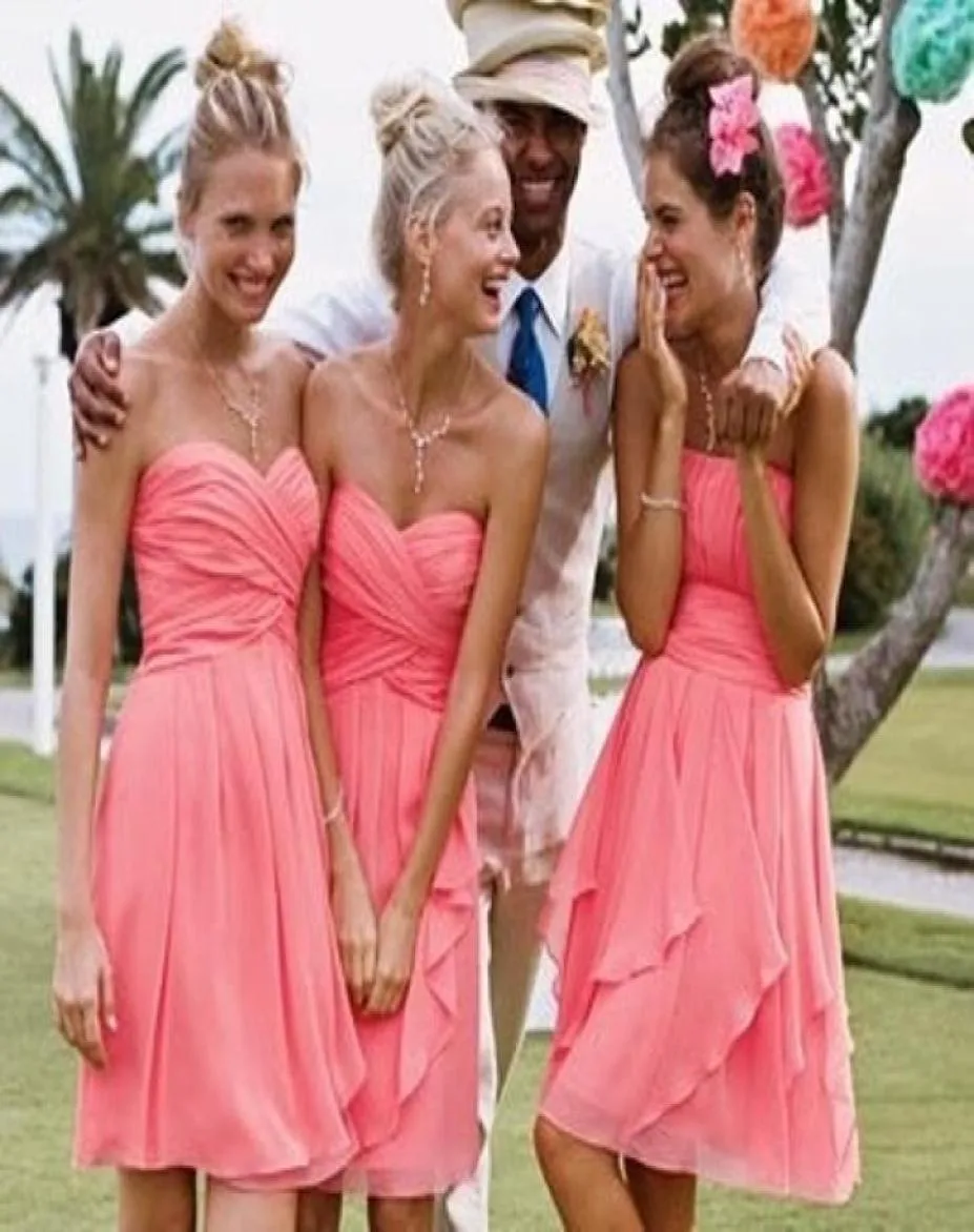 Beach Short Coral Bridesmaid Dresses Wedding Party Dress Knee Length Country Western short country bridesmaid dresses Ruched Chiff4783811