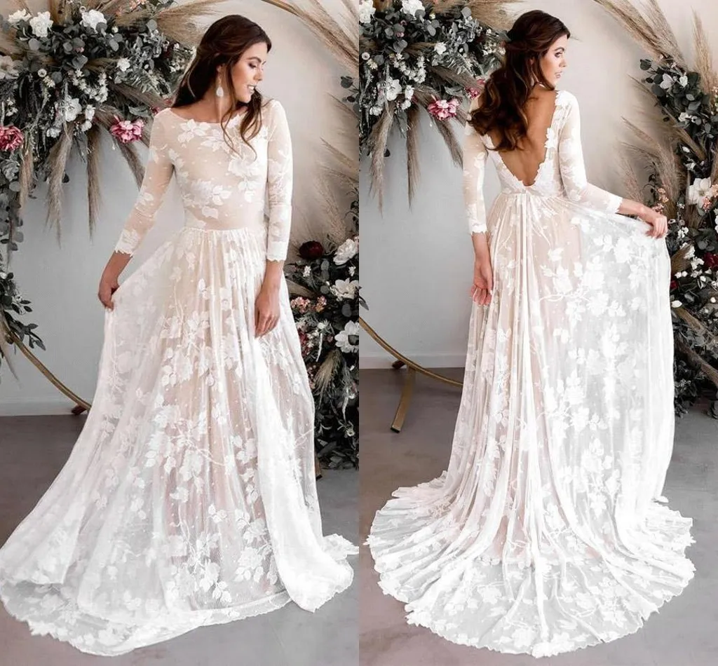 Romantische kant Tule Boheemse trouwjurken Sexy Backless A Line Scoop Neckt Appliques Quarter Sleeve Bridal Ghowns Plus Size BC18357